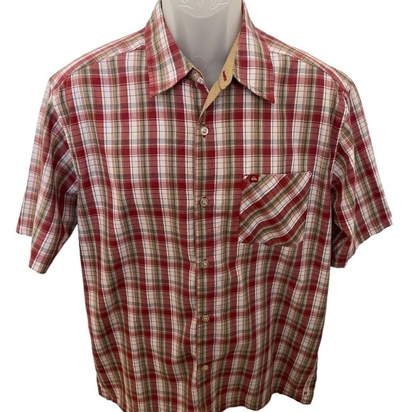 QUIKSILVER Red & Beige Plaid Short Sleeve Collared Shirt Men S/P Small - Picture 1 of 6